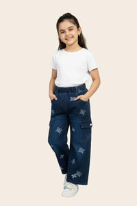 Girls' Butterfly Denim Cargo Plazo pants in wide-leg style, blue denim with butterfly embroidery for ages 5-10 years.
