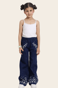 Girls wide-leg denim jeans by Denimden with pearl floral embroidery, showcasing a stylish and comfortable design.