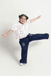 Girls embroidered wide-leg denim jeans by Denimden featuring colorful embroidery and classic denim texture.