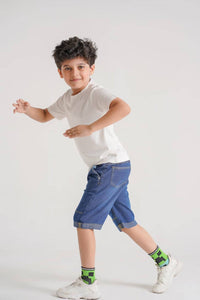Boy denim shorts by Denimden in Wonder Blue texture, showcasing the stylish design and length for boys size 16 to 22.