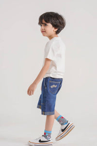 Embroidered boys' shorts by Denimden, featuring a casual design, suitable for ages 16-22, displayed on a hanger.