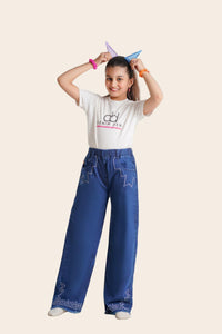 Wide leg jeans for teens, classic style, size 13-15 years, by Denimden, shown hanging on a hanger.