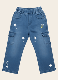 Boy cargo denim jeans by Denimden with printed design, elastic waist, soft stretch, suitable for ages 2-8 years.