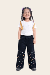 Girls wide leg polka dot denim jeans by Denimden with soft stretch elastic waist, available in sizes 16–22, featuring a fun polka dot pattern.