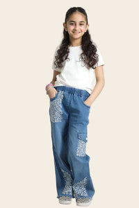 Girls Floral Embroidered Wide-Leg Jeans by Denimden, size 26-32, featuring floral embroidery and a relaxed wide-leg fit.