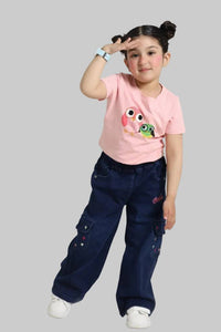 Girl wearing Denimden girls denim cargo jeans with multiple pockets and relaxed fit, perfect for casual wear.