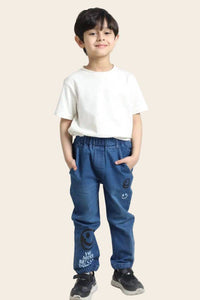 Boys denim jogger pants with smiley print, elastic waistband, casual style from Denimden, suitable for ages 1 to 8 years.