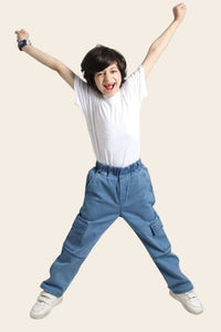 Kids boys cargo denim jeans with elastic waist, comfort fit for ages 5-13, by Denimden, shown in the image.
