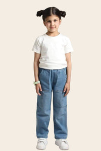 Kids boys cargo denim jeans by Denimden with elastic waist, comfortable fit, in blue denim, suitable for ages 2 to 8 years.