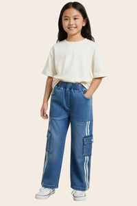 Girls cargo pants with white side stripes from Denimden's girls collection, size 6 to 10 years, shown in the image.