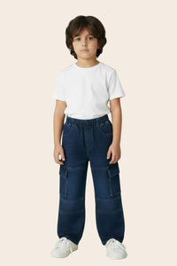 Blue denim boys' cargo pants with patch pockets from Denimden's Classic Patch Pocket Cargo collection for ages 8-13 years.