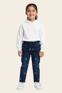 Girls denim trouser with cute cat design from Denimden, suitable for ages 1 to 3 years, featuring comfortable denim fabric and playful style.