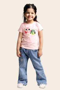 Girls embroidered denim jeans by Denimden, classic bell style with soft stretch fit, in size 16 to 22, featuring colorful embroidery details.